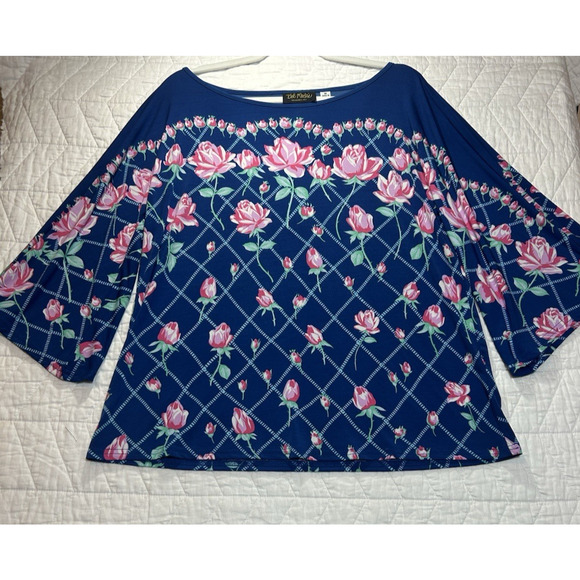 Mackie Tops - Bob Mackie Liquid Knit Top M Blue Slinky Floral 3/4 Flare Sleeves Resort Modest